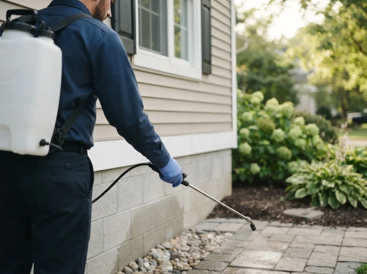 Pest control technician inspecting a home in Jerico Springs, MO